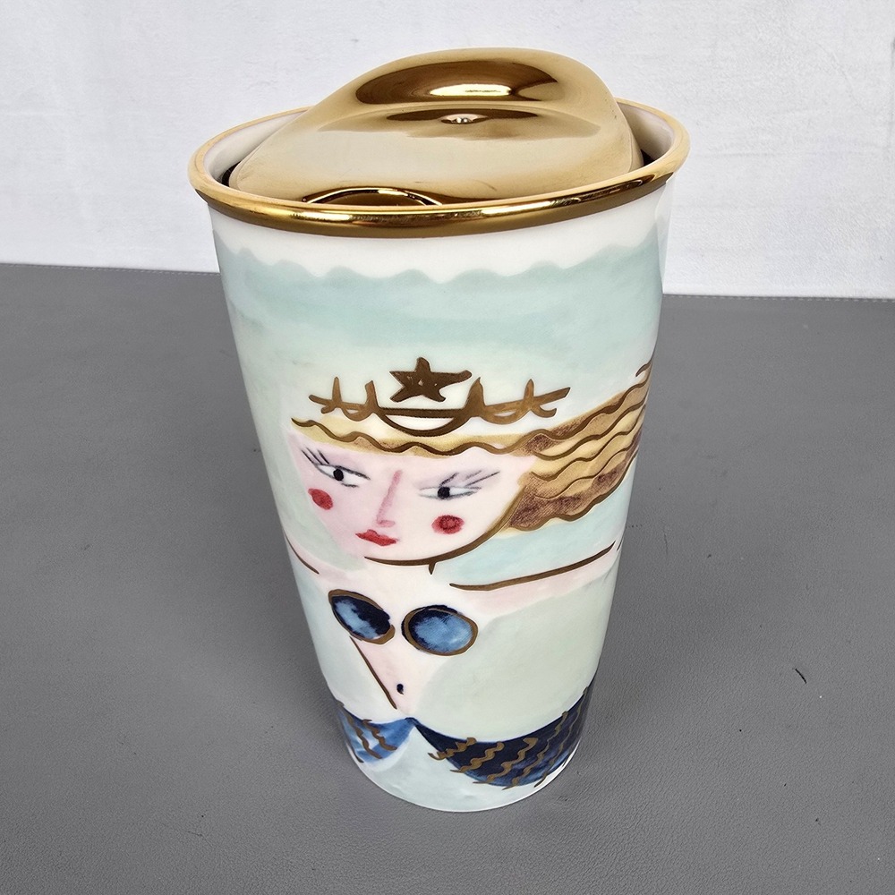 Starbucks 2014 Anniversary Mermaid Siren Ceramic Gold Travel Tumbler Mug 12oz